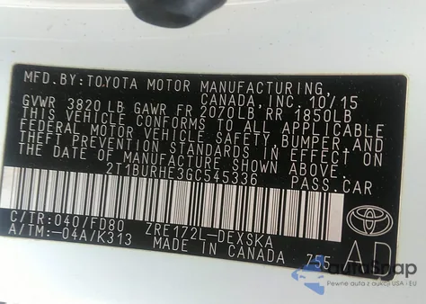 2016 Toyota Corolla S Plus из США, поврежденный, VIN 2T1BURHE3GC545336